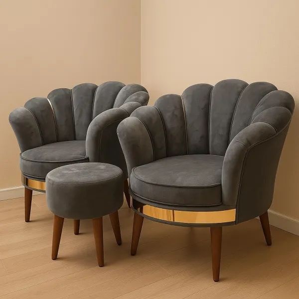 Velvet Shell Lounge Chair Set with Ottoman